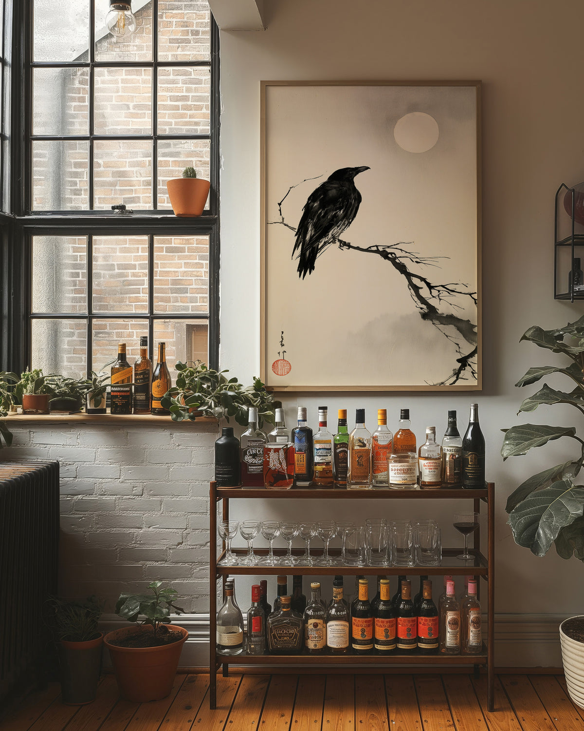 Raven Moonlit Branch Sumi-e