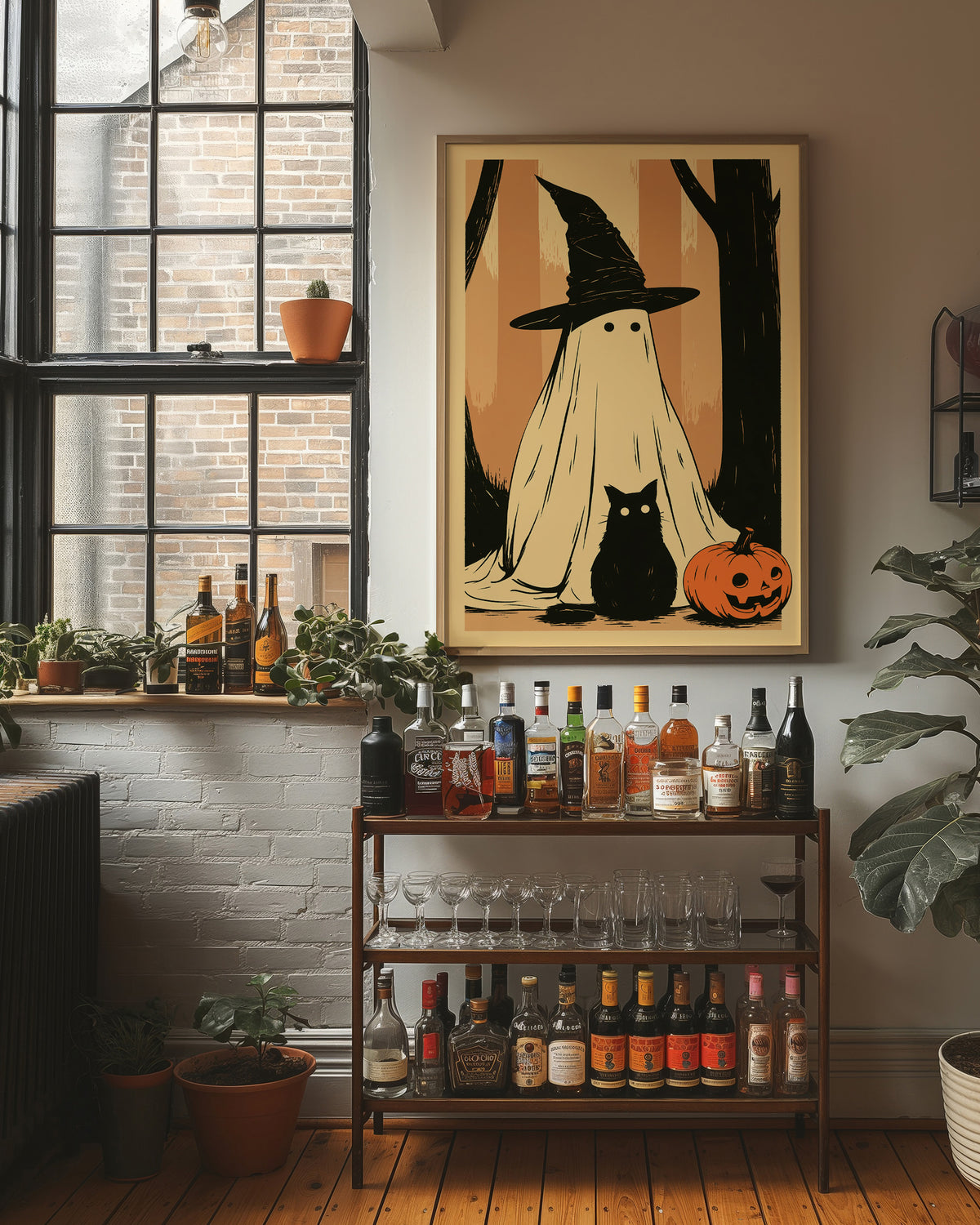 Ghost, Cat, and Jack-o'-Lantern