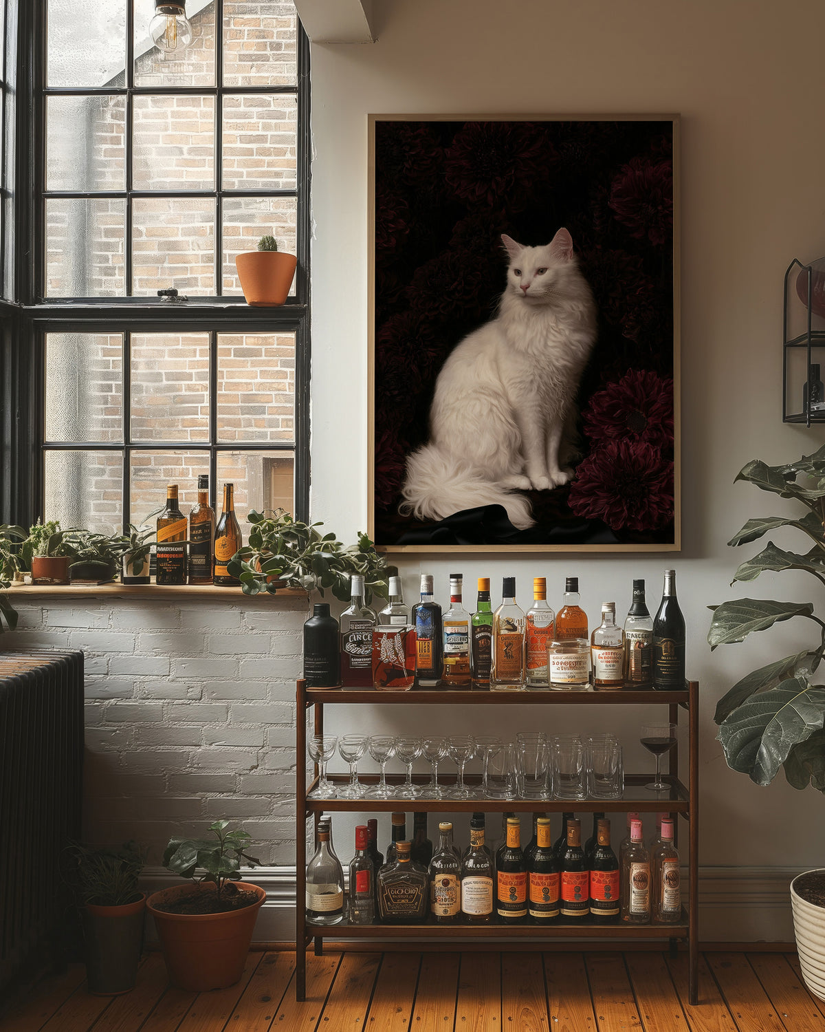 White Cat, Black Chrysanthemums