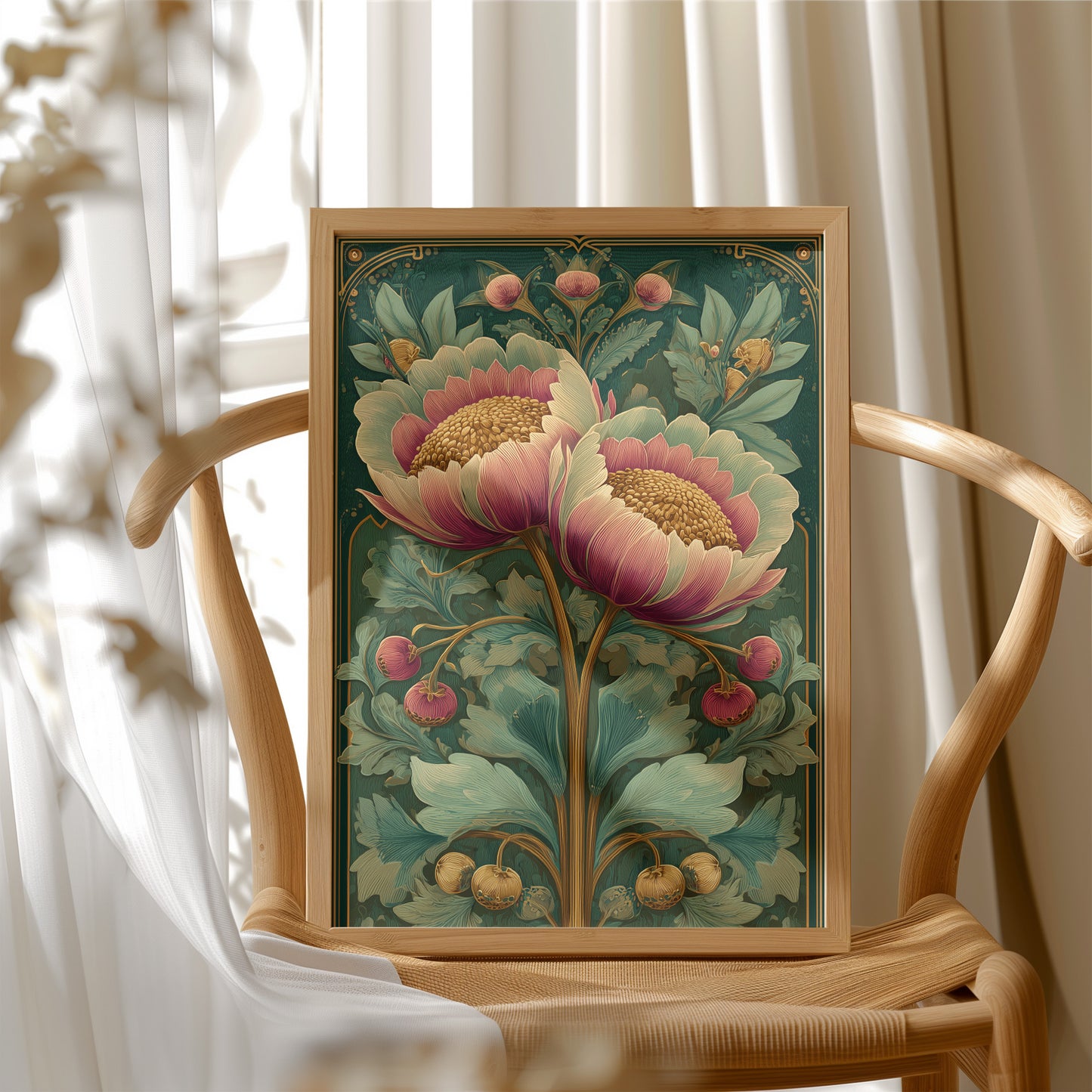 Two Peonies, One Gilded Stem