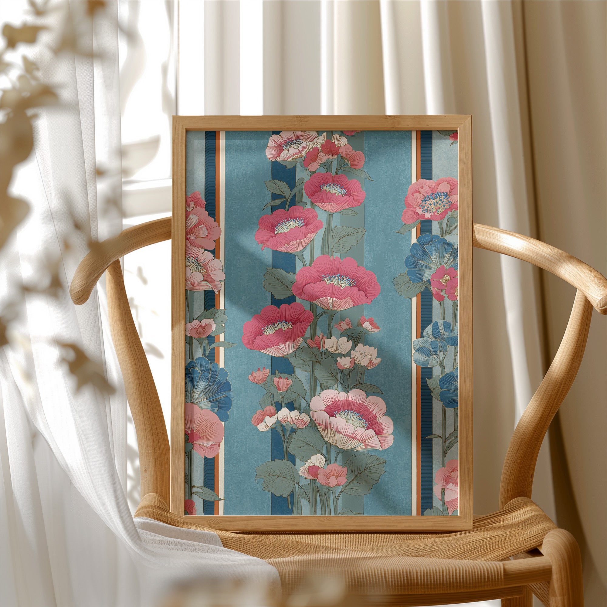 Hot Pink Blooms on Faded Blue