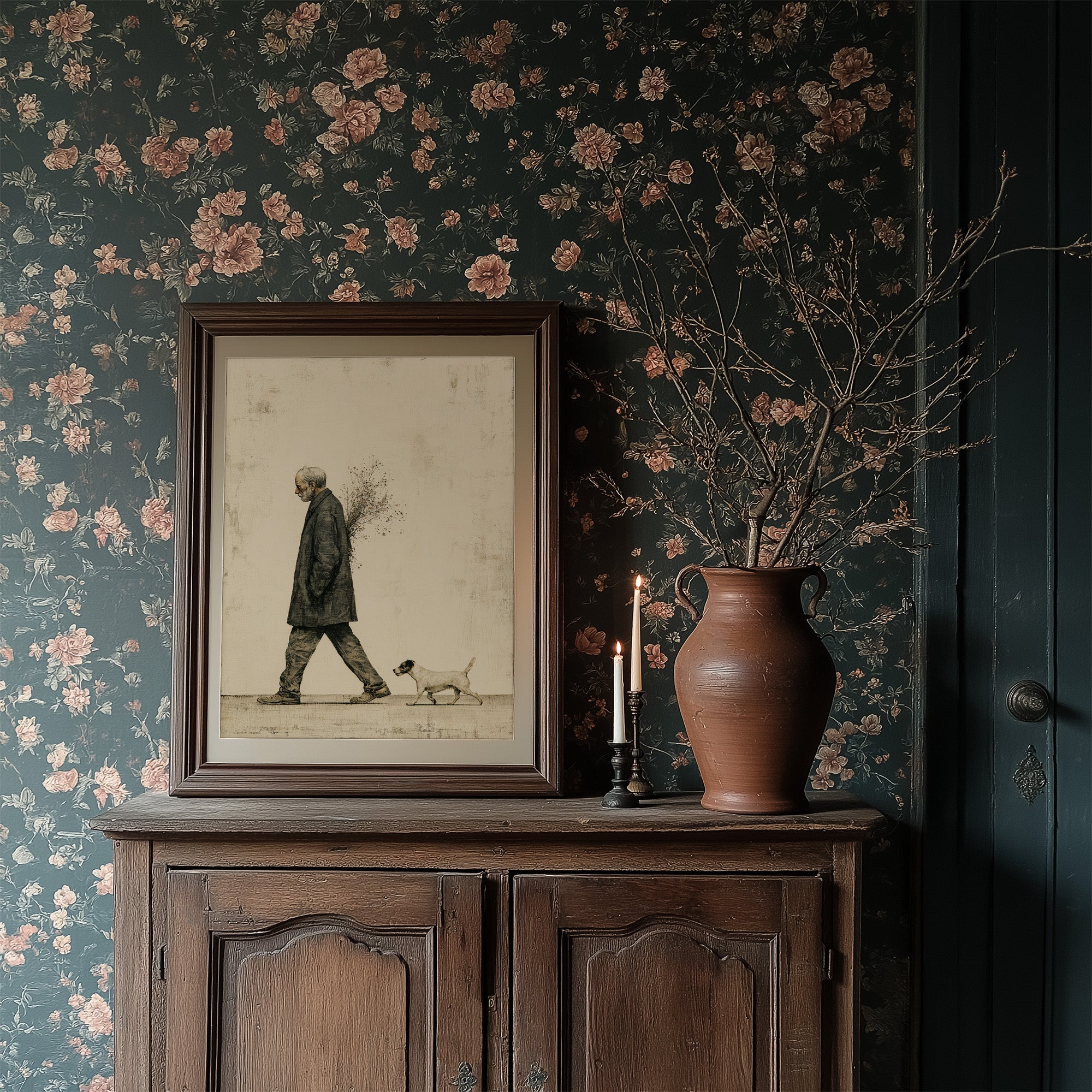 The Old Man Carrying Wildflowers — Surreal Figurative Print
