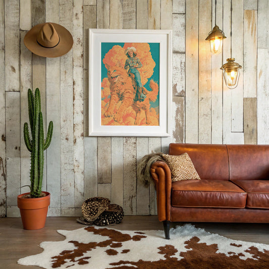 Cowgirl on a Giant Cat — Retro Surrealist Western Print