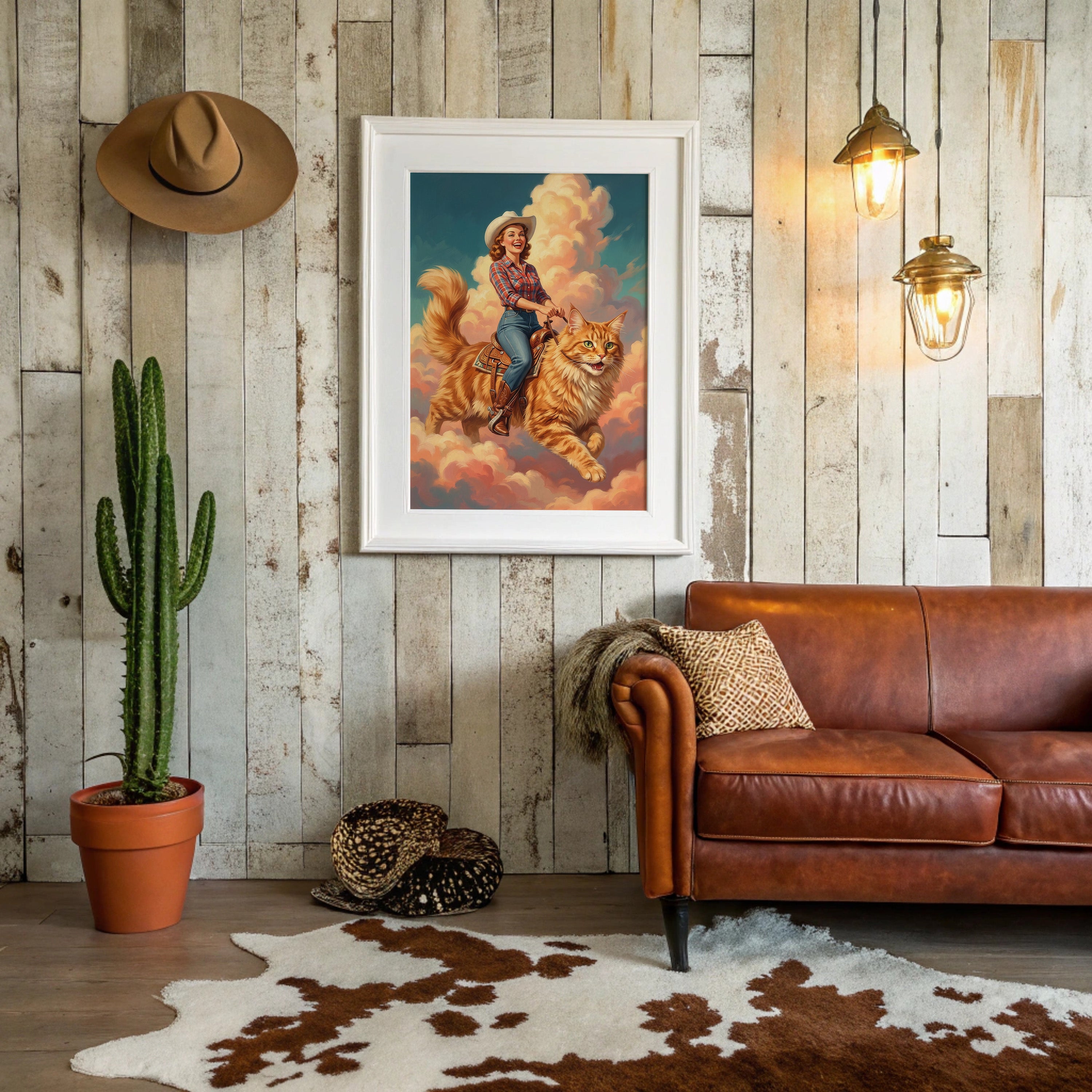 Cowgirl on a Giant Cat — Painted Western Fantasy Print