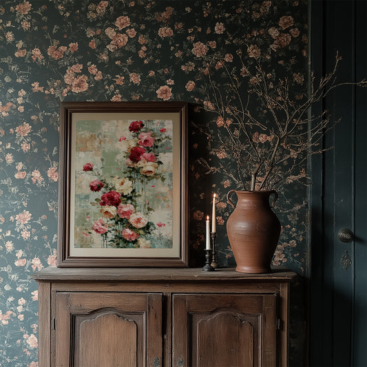 Climbing Roses on Plaster — Crimson Drip Impasto Painting
