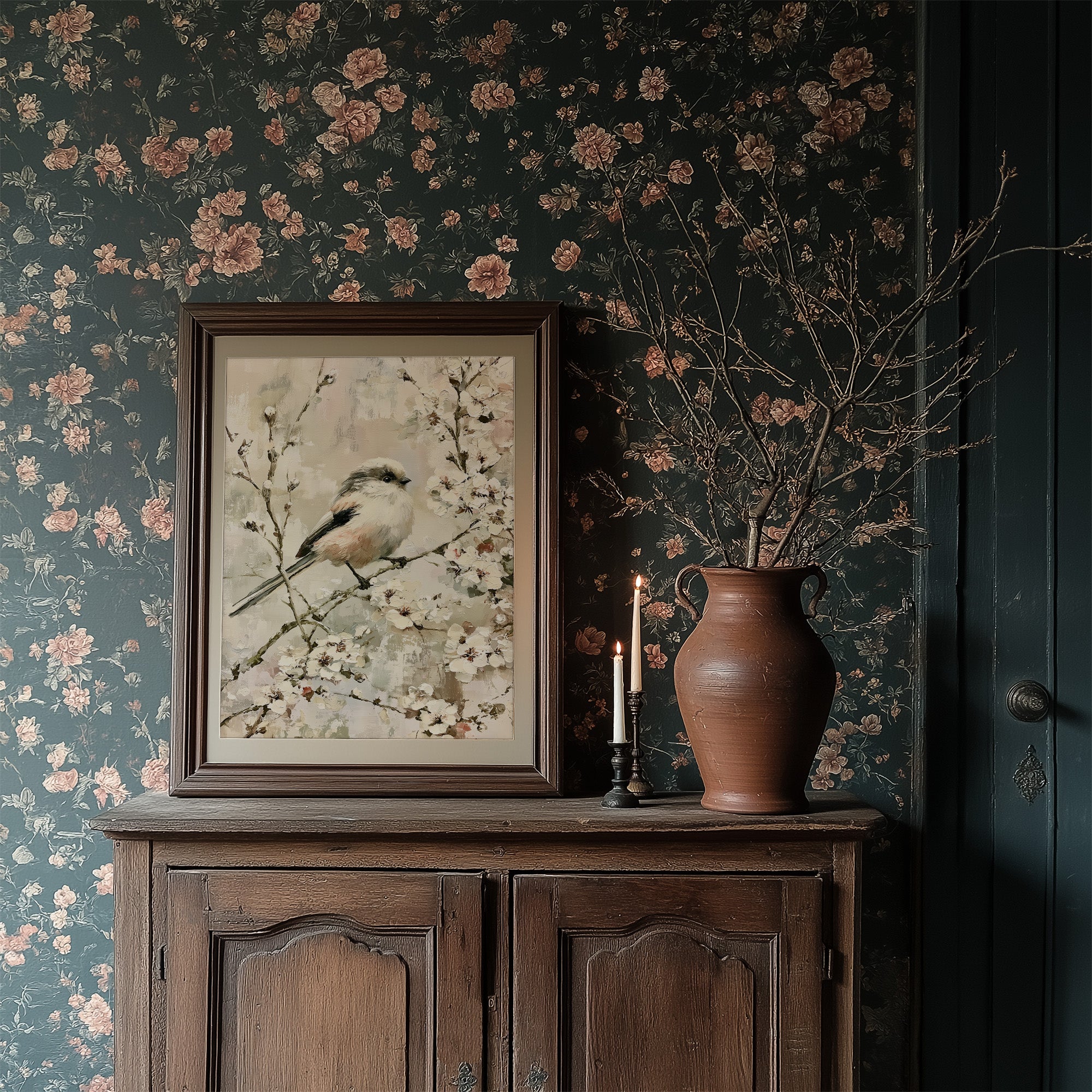 Long-Tailed Tit in Cherry Blossoms — Impasto Bird Painting