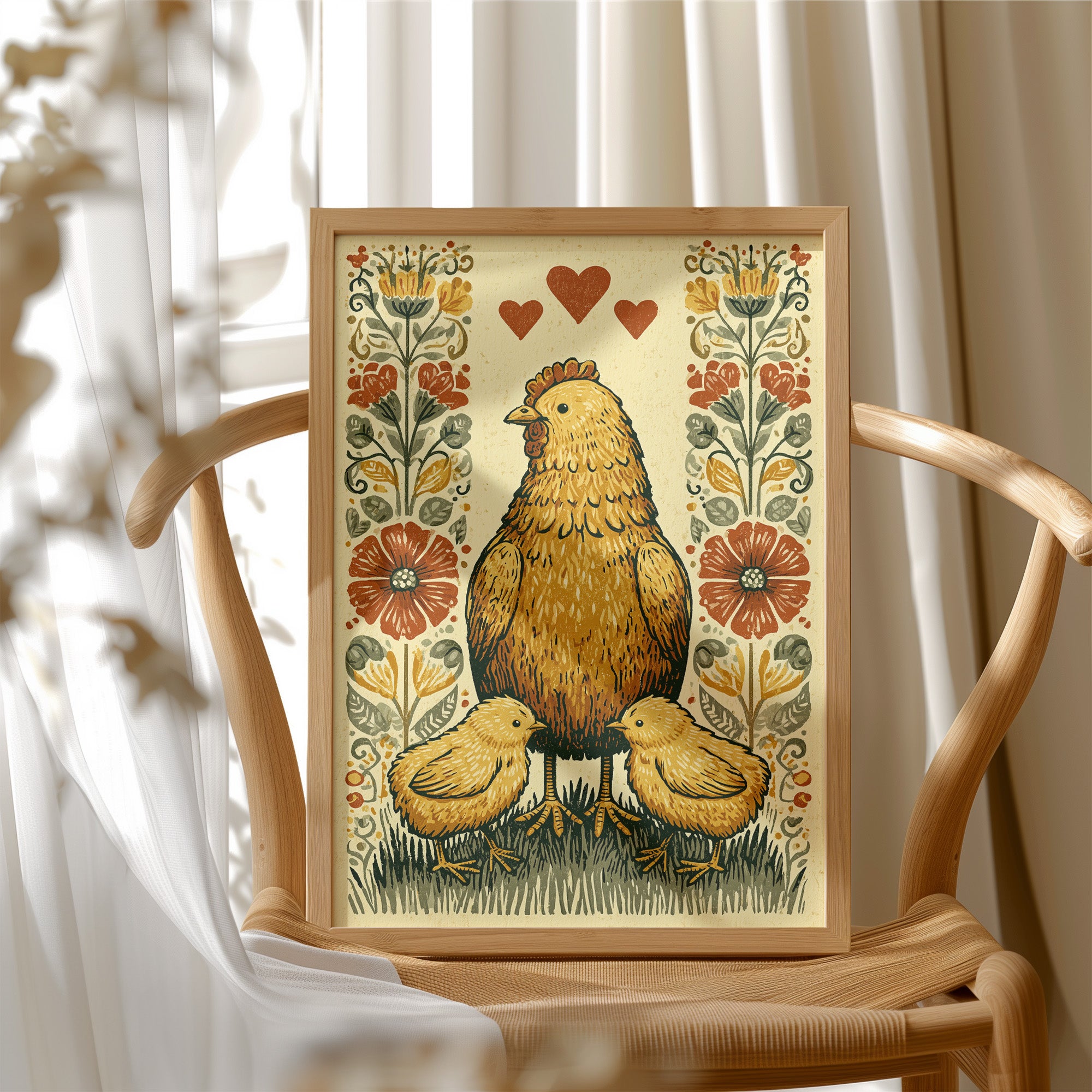 Mother Hen and Chicks — Poppy Border Folk Art Print