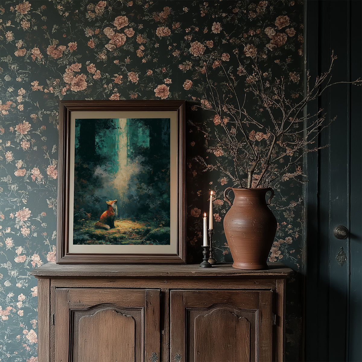Fox in the Cathedral Light — Dark Forest Oil Painting