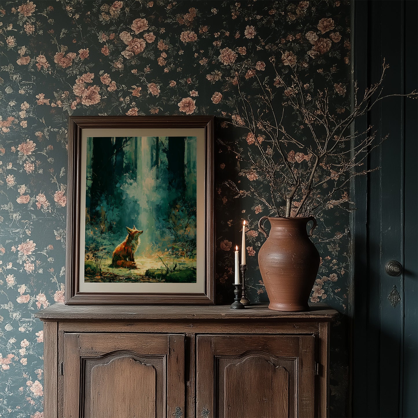 Fox in the Cathedral Light — Emerald Forest Oil Painting