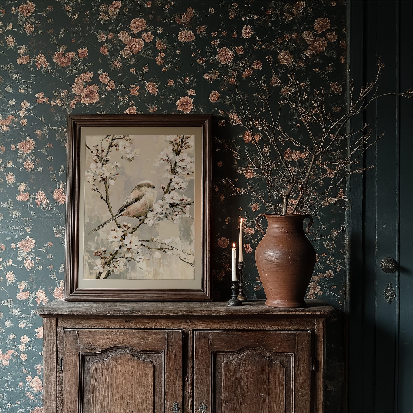 Long-Tailed Tit in Cherry Blossoms — Grey Taupe Oil Painting