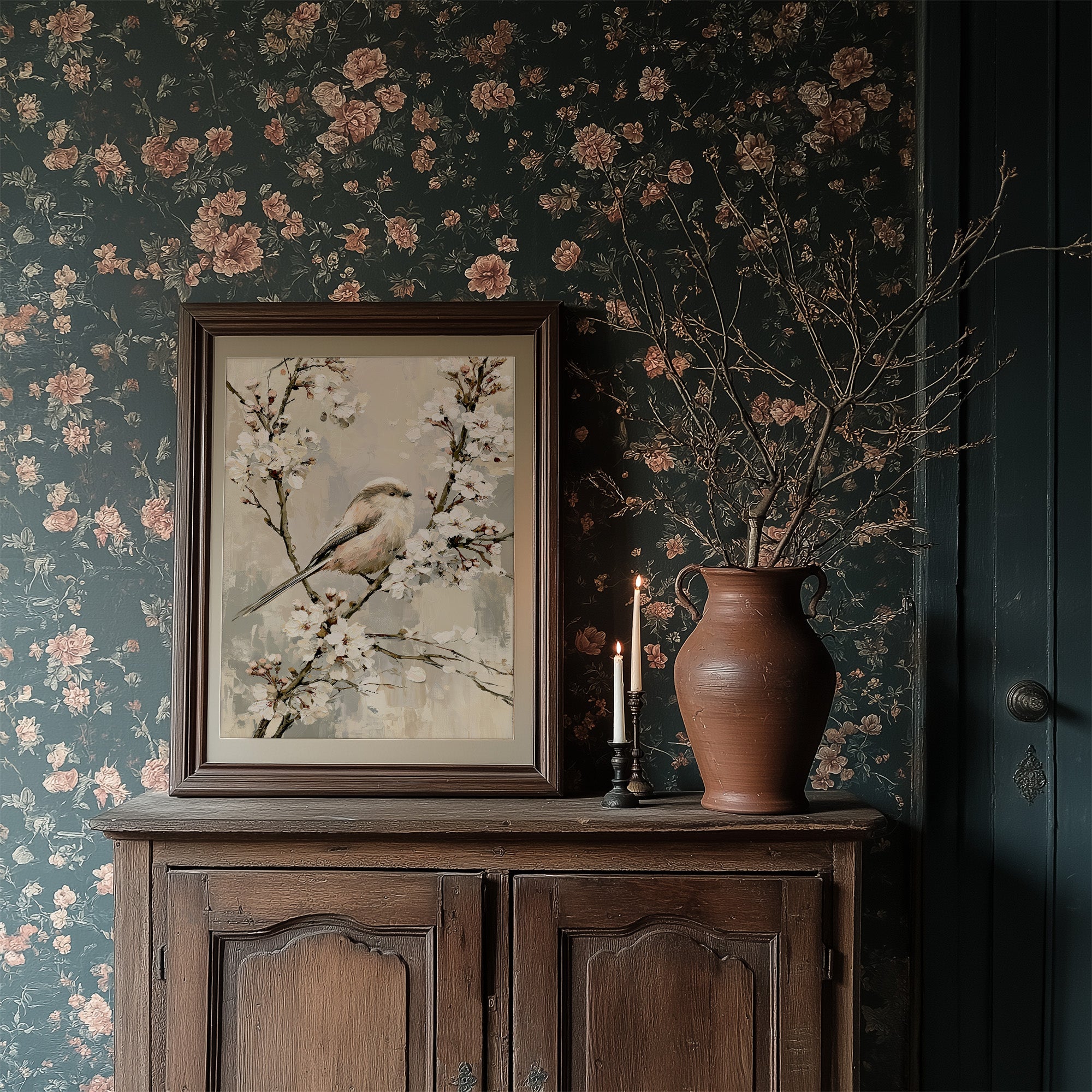 Long-Tailed Tit in Cherry Blossoms — Grey Taupe Oil Painting