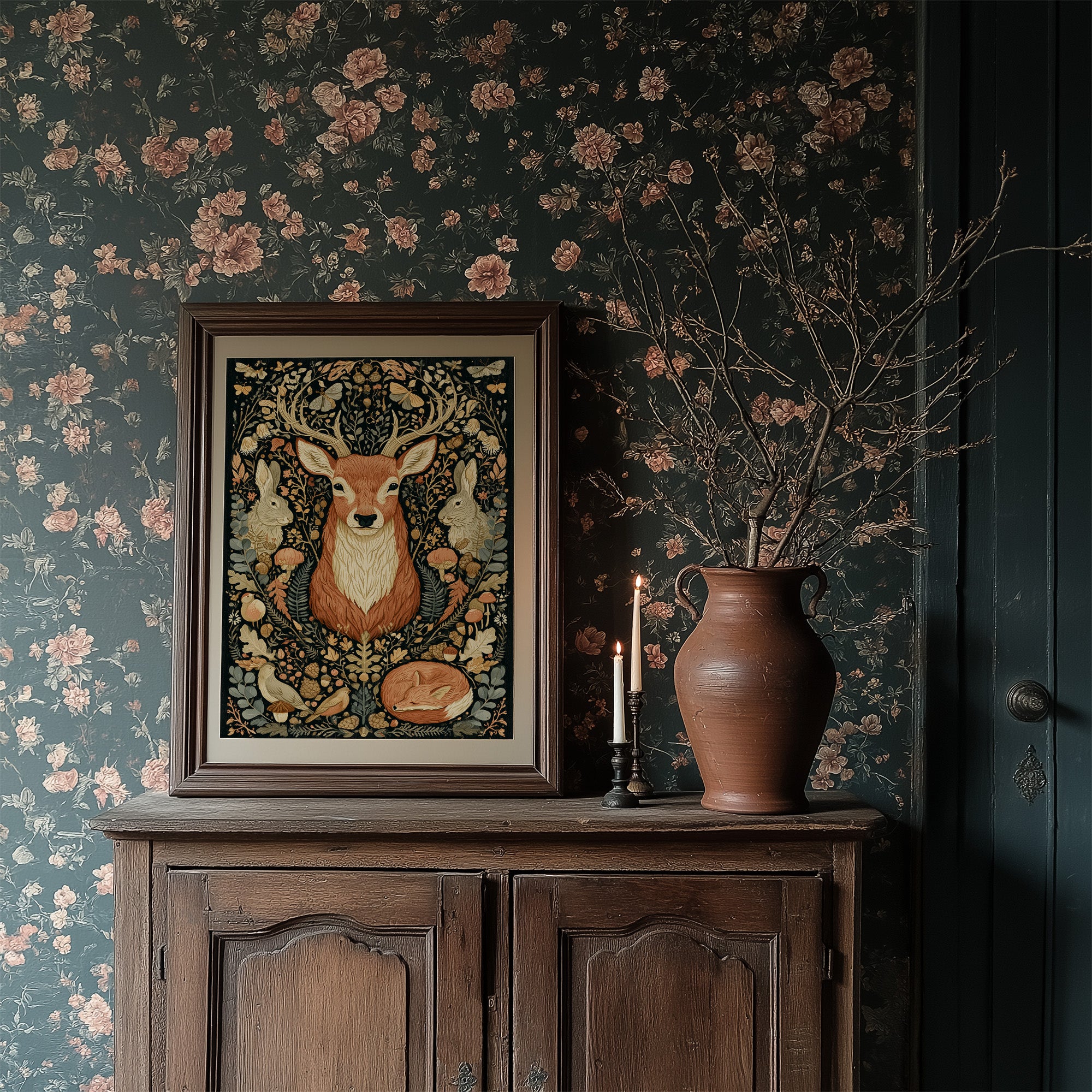 Woodland Tapestry — Dark Folk Art Deer and Forest Creatures