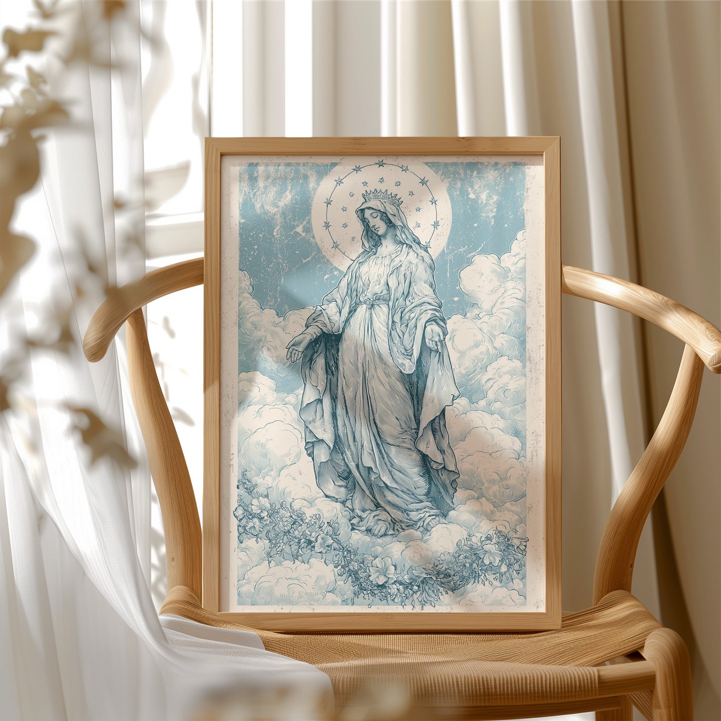 Our Lady of the Clouds — Vintage Blue Engraving Print