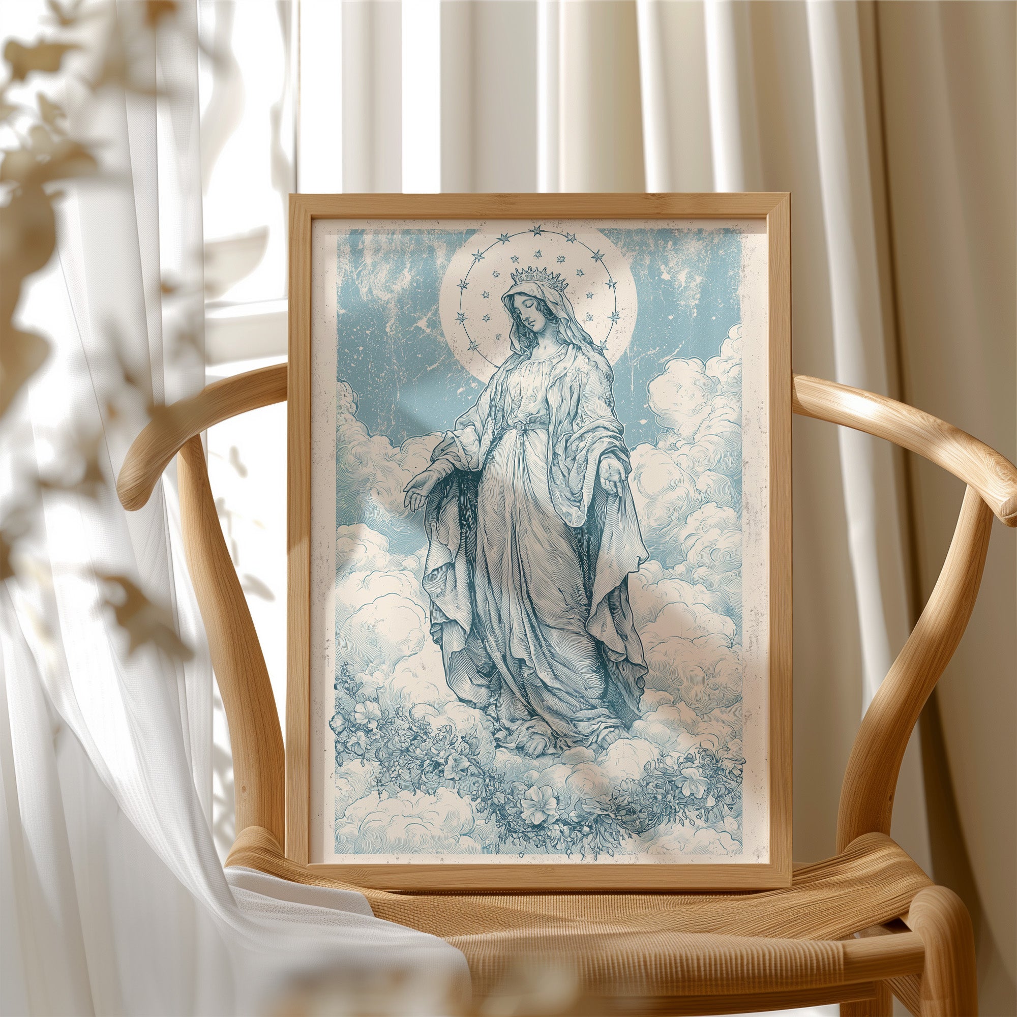 Our Lady of the Clouds — Vintage Blue Engraving Print