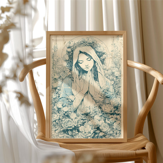 Madonna in Roses — Blue Wash Devotional Engraving