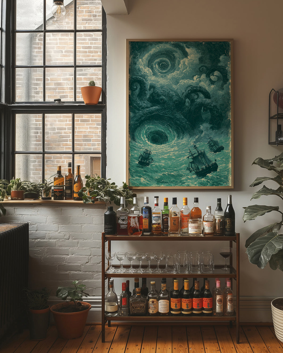 The Kraken and the Maelstrom — Teal Maritime Horror Print