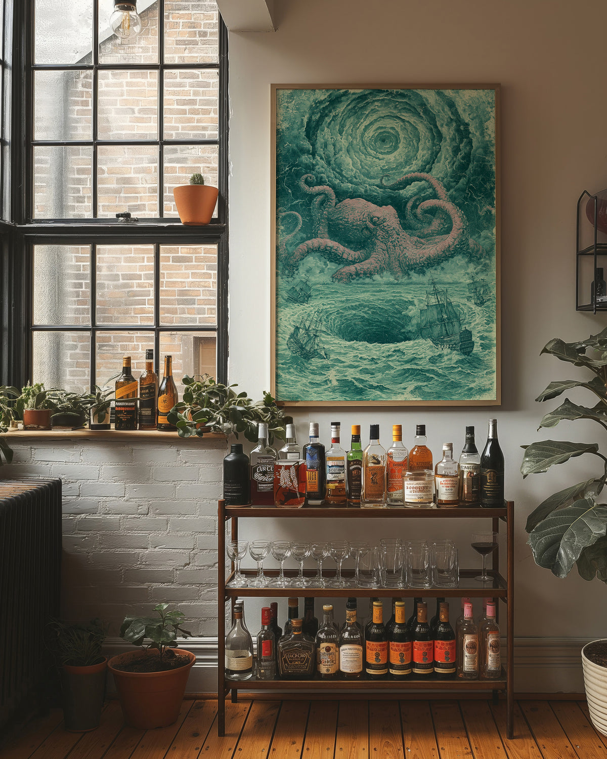 The Kraken and the Fleet — Pink and Teal Maritime Horror Print