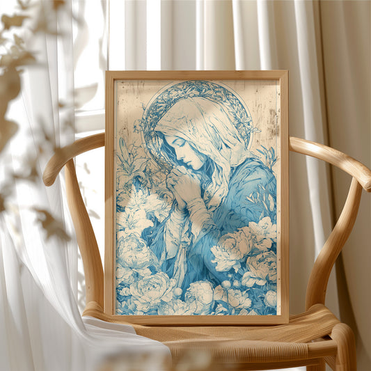 Madonna in Lilies — Cobalt Blue Devotional Engraving