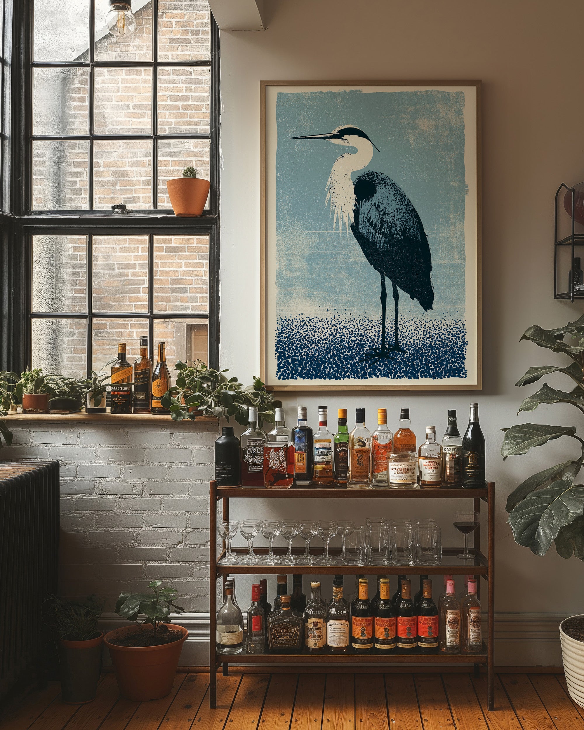 Heron Study: A Screenprint in Blue