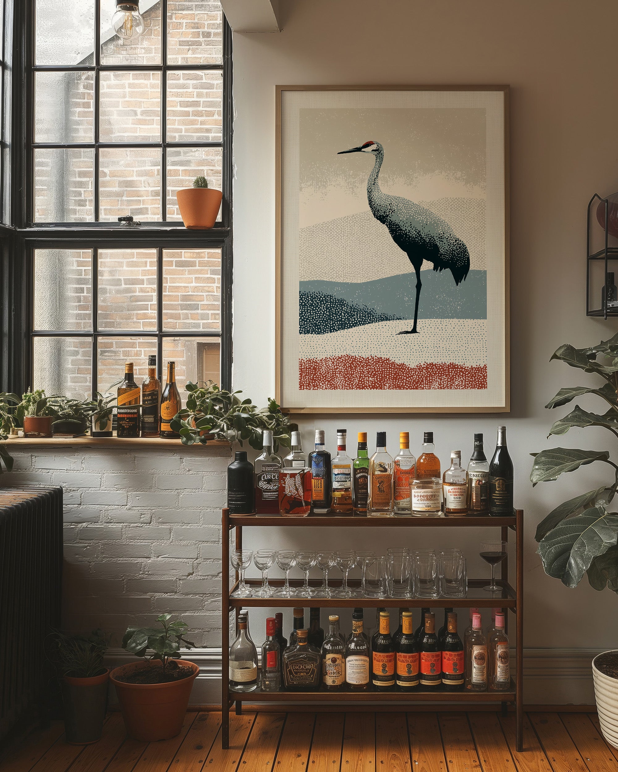 Stippled Crane: A Halftone Landscape