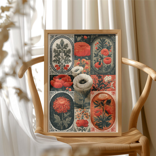 Botanical Patchwork in Red and Ink