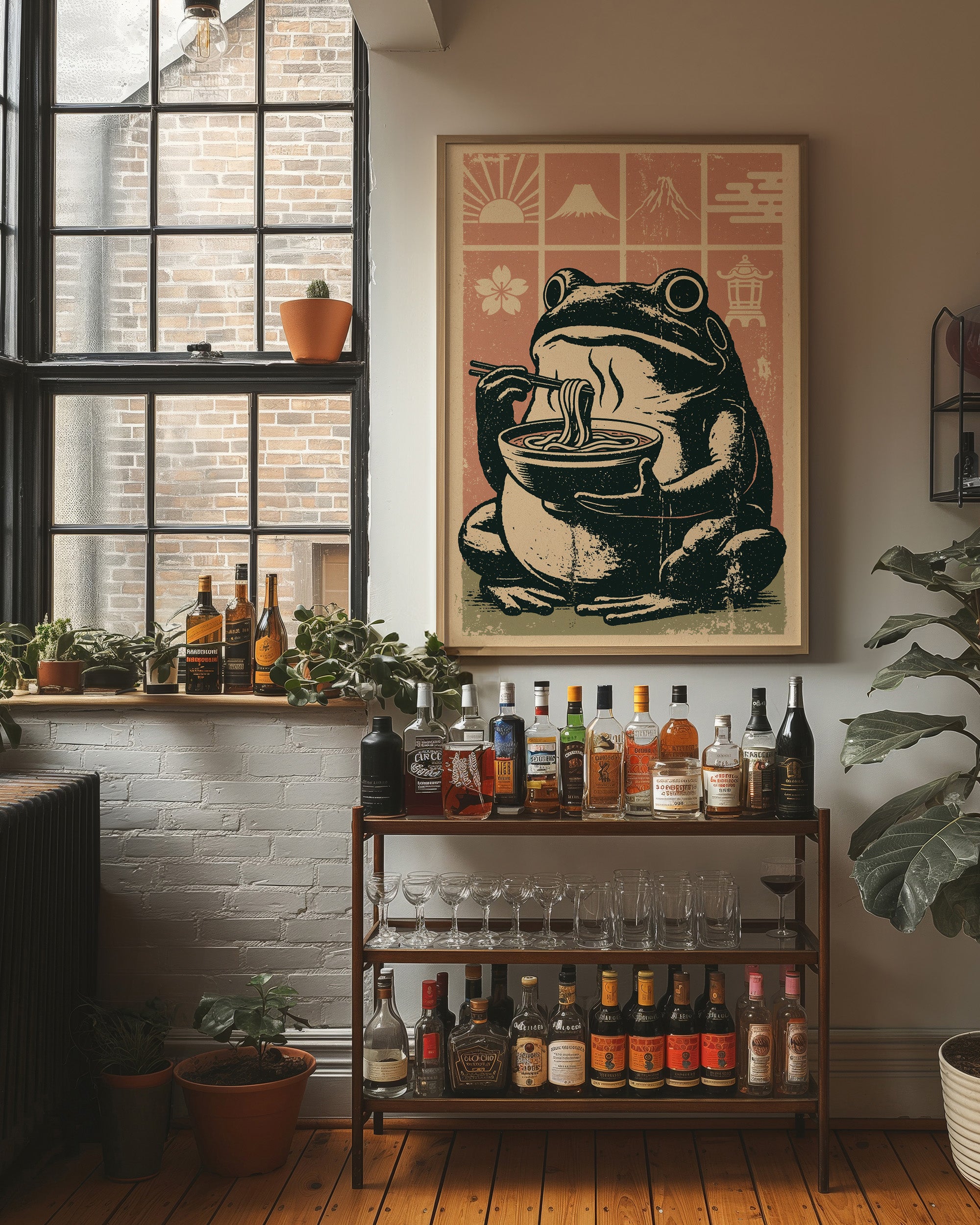 Steamy Ramen Toad: A Woodblock Frog's Slurp