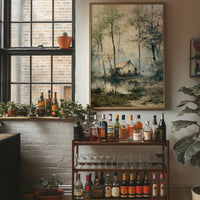 The Weathered Cottage: Misty Woodland Reflection