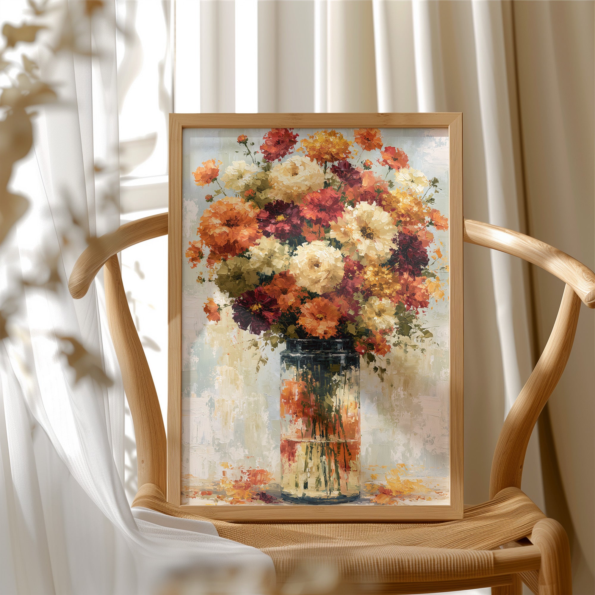 Zinnias in Glass, Sunlit Bunch