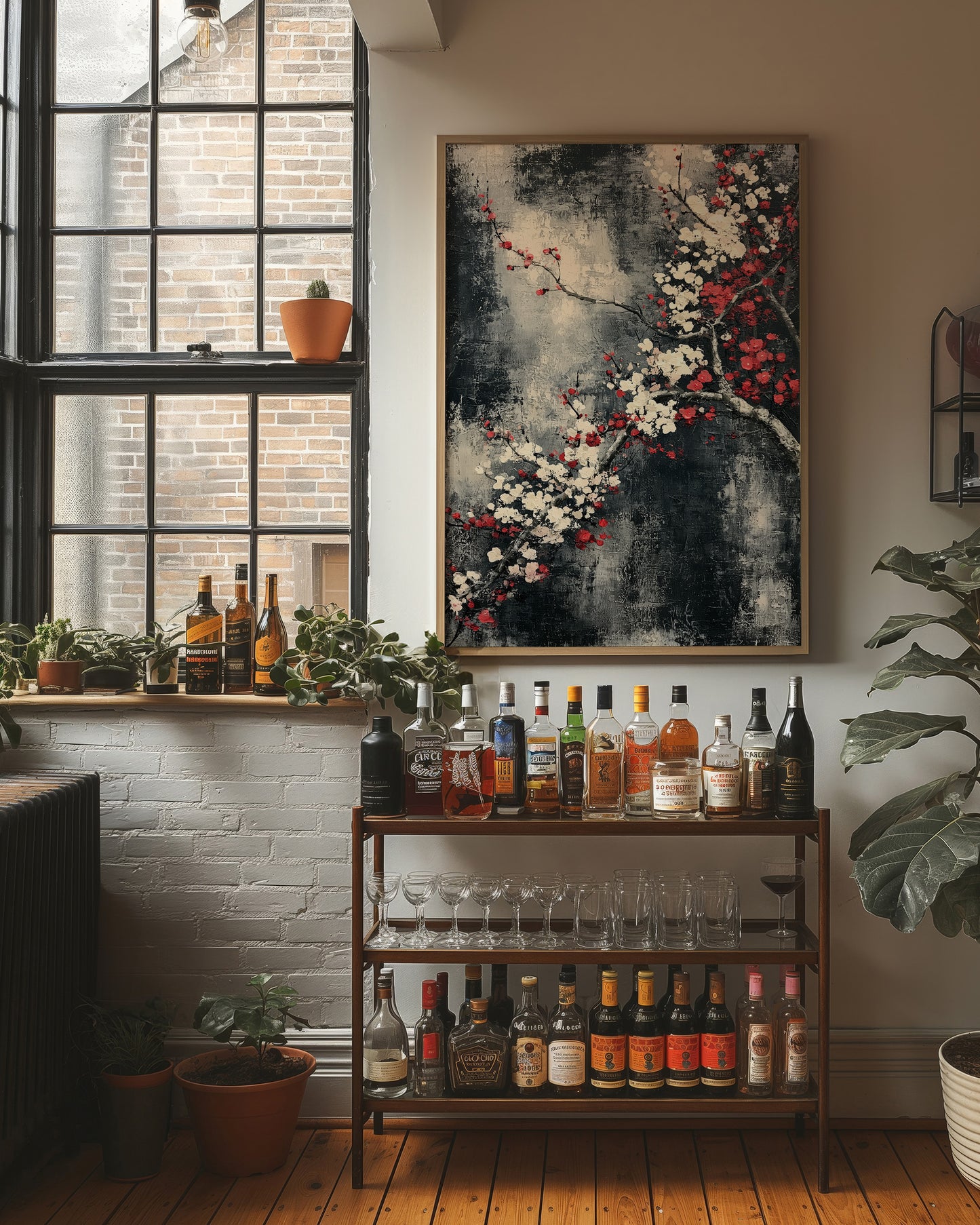 Cherry Blossoms on Charcoal Silk