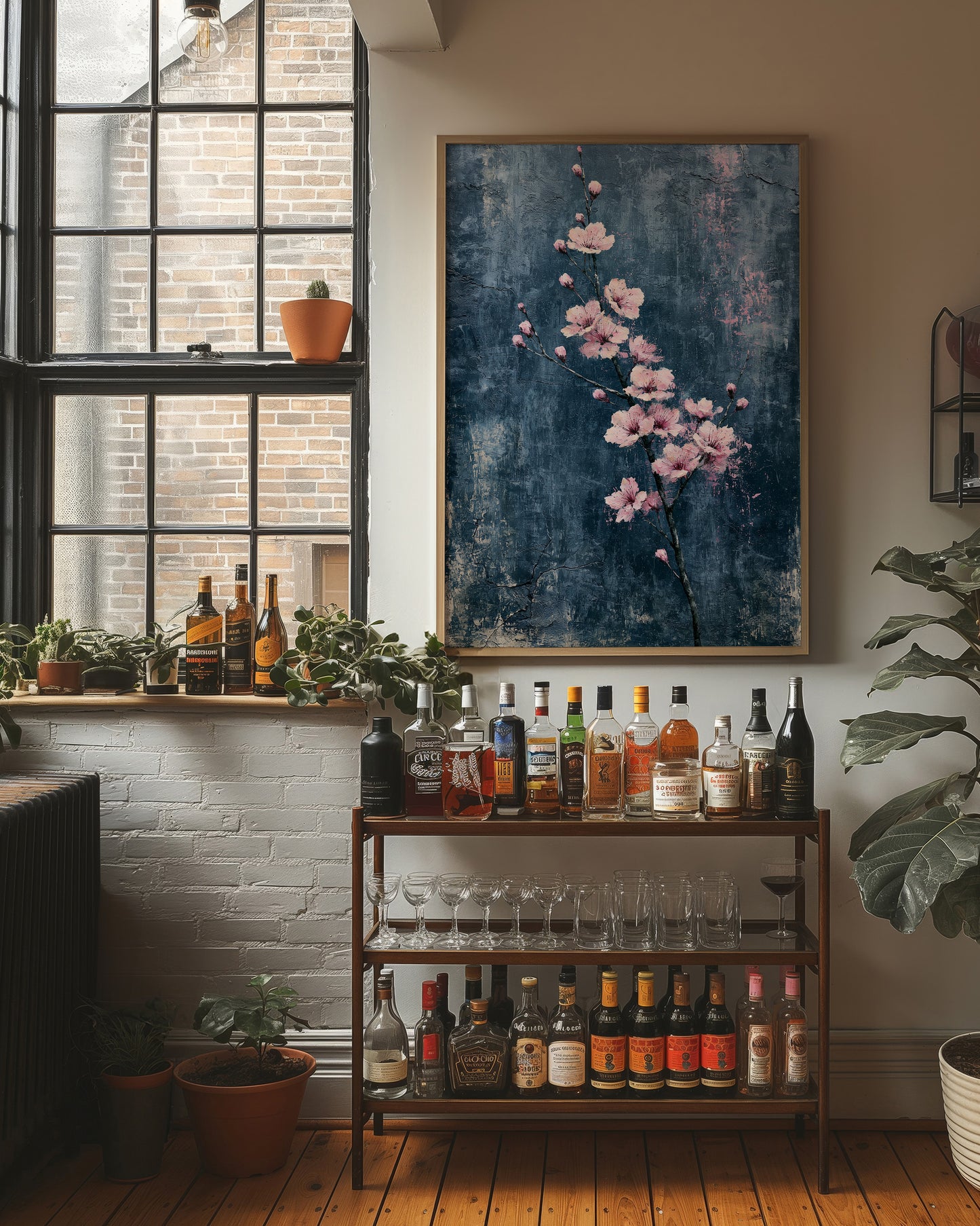 Pink Blossoms on Weathered Denim Blue