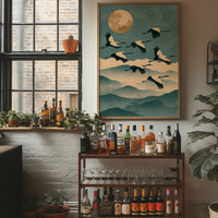 Cranes Over Misted Peaks