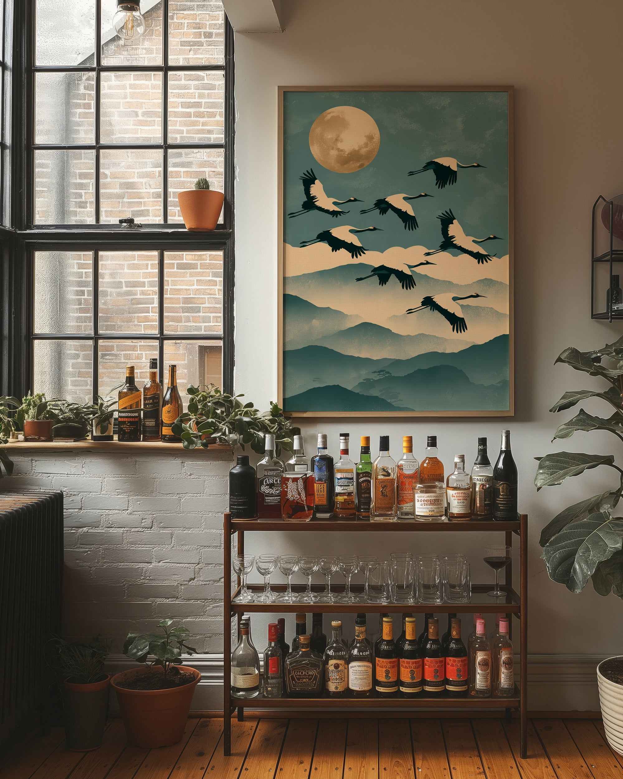 Cranes Over Misted Peaks