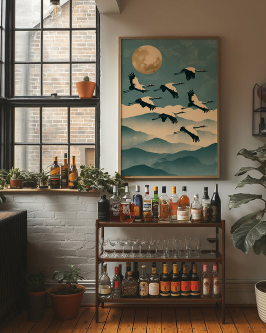Cranes Over Misted Peaks