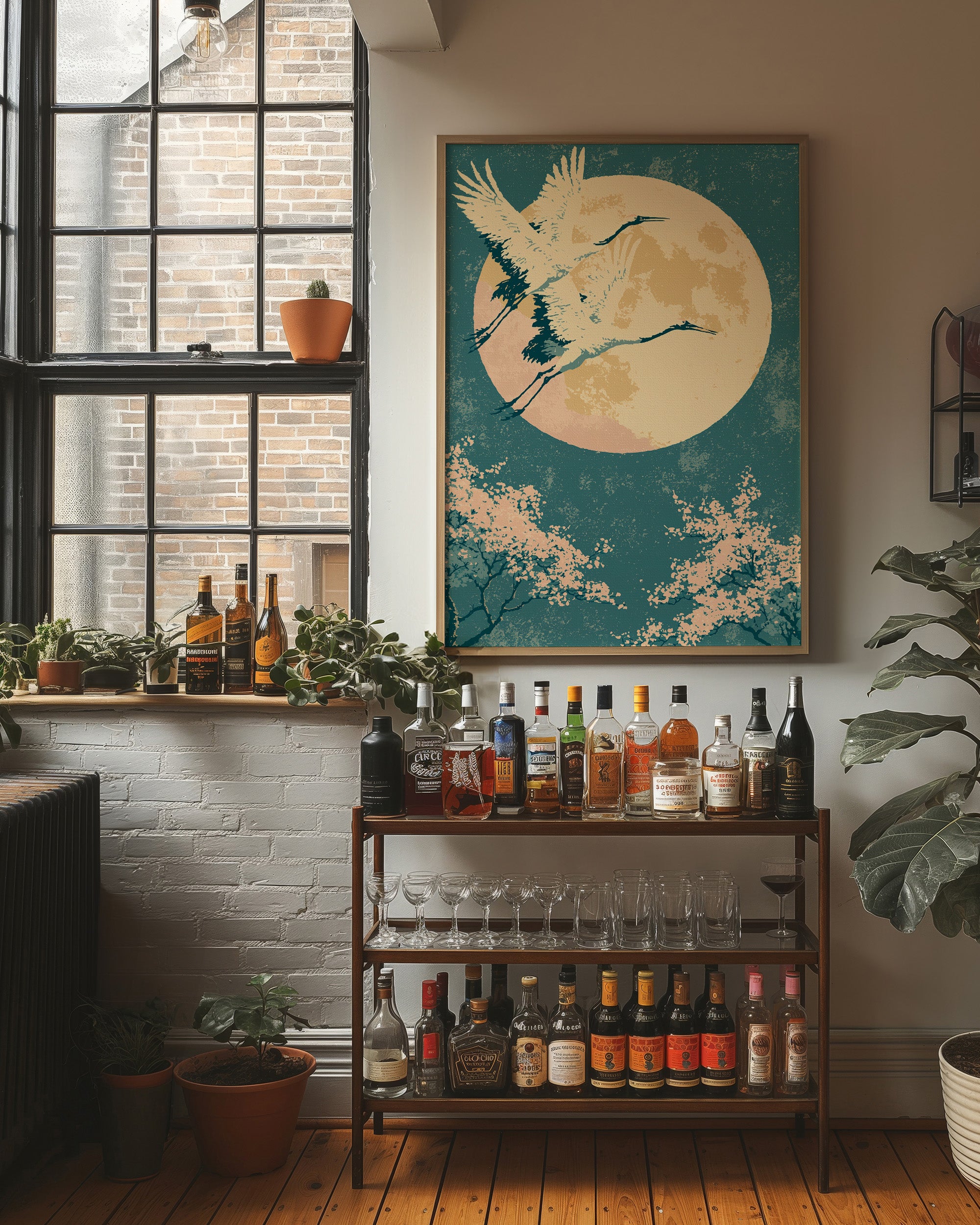 Crane Beneath Blossoms and Moon