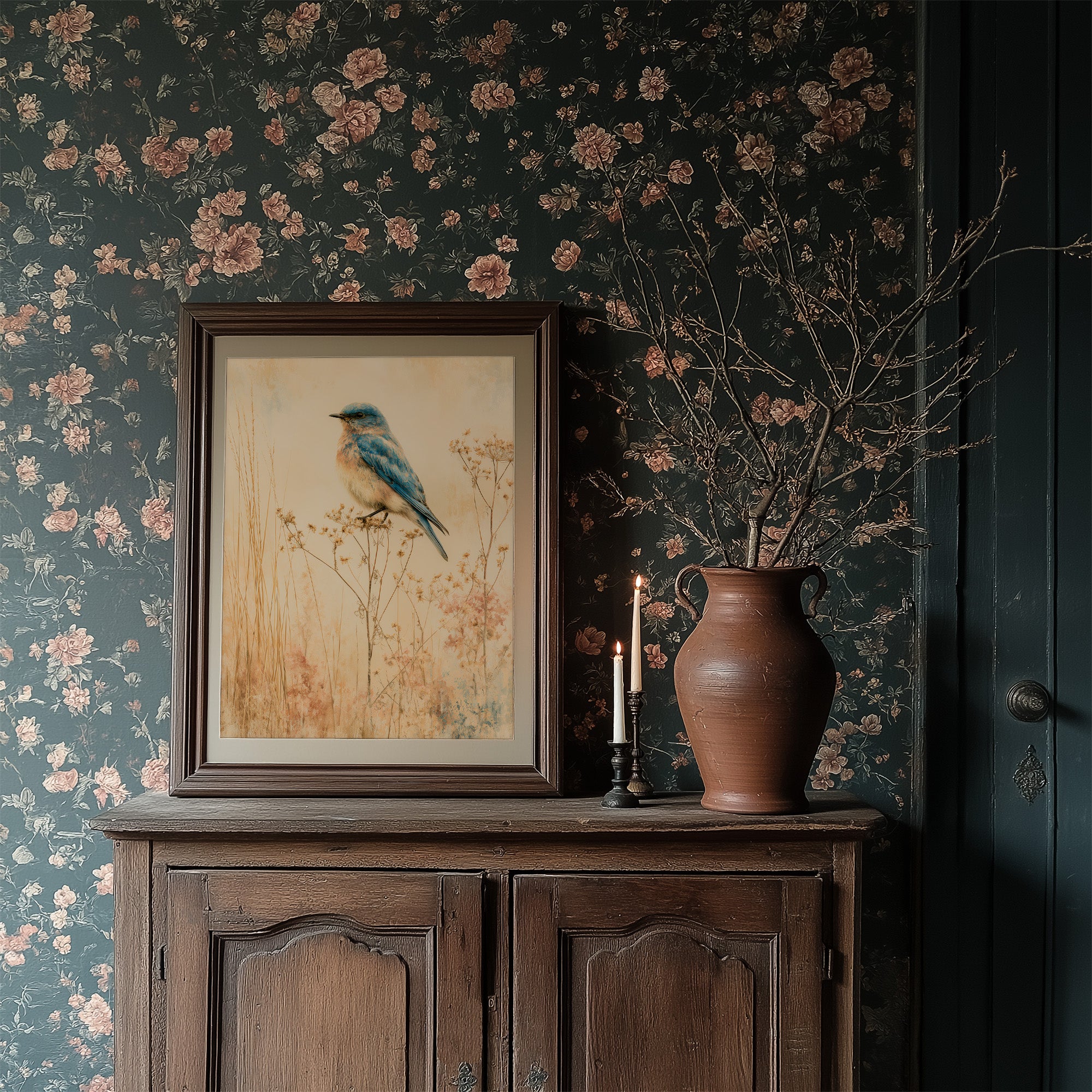 Bluebird in the Dried Wildflowers