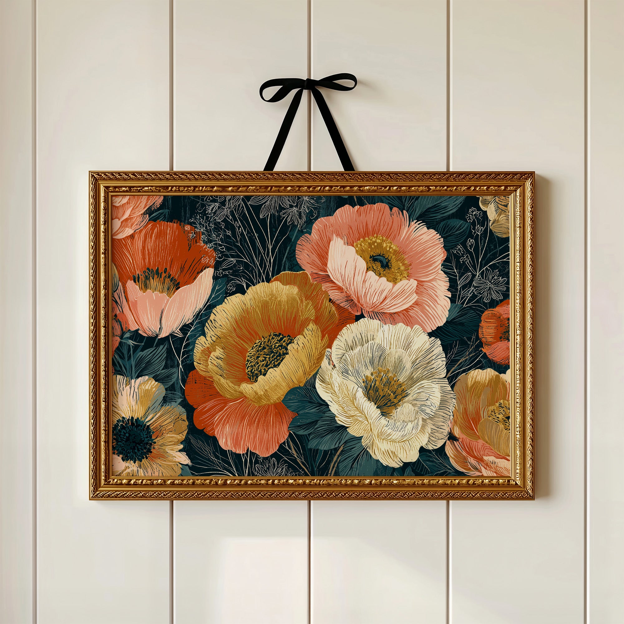 Anemones in Full Bloom, Dark Botanical
