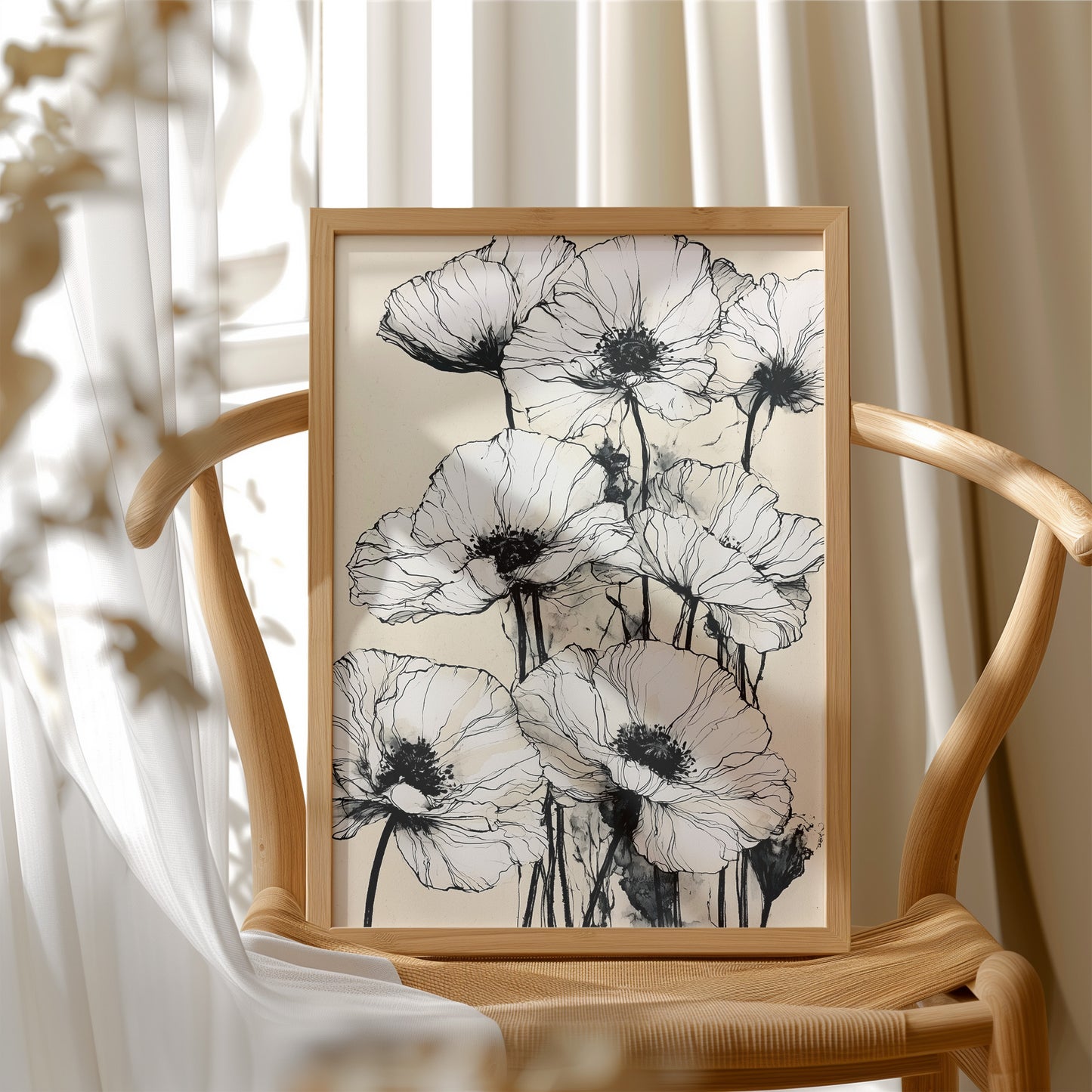 Botanical Poppies in Ink Wash