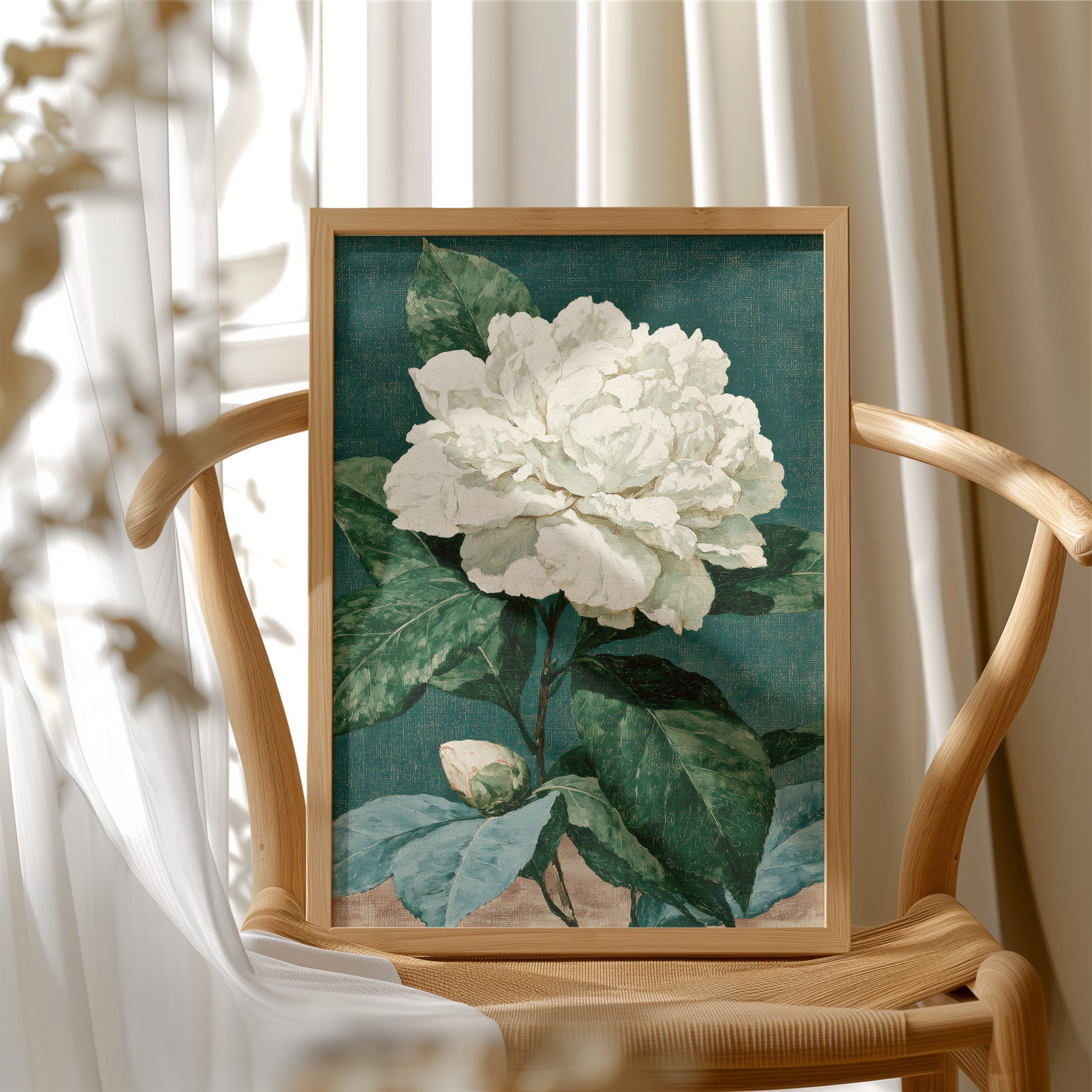 White Bloom on Cracked Teal Canvas