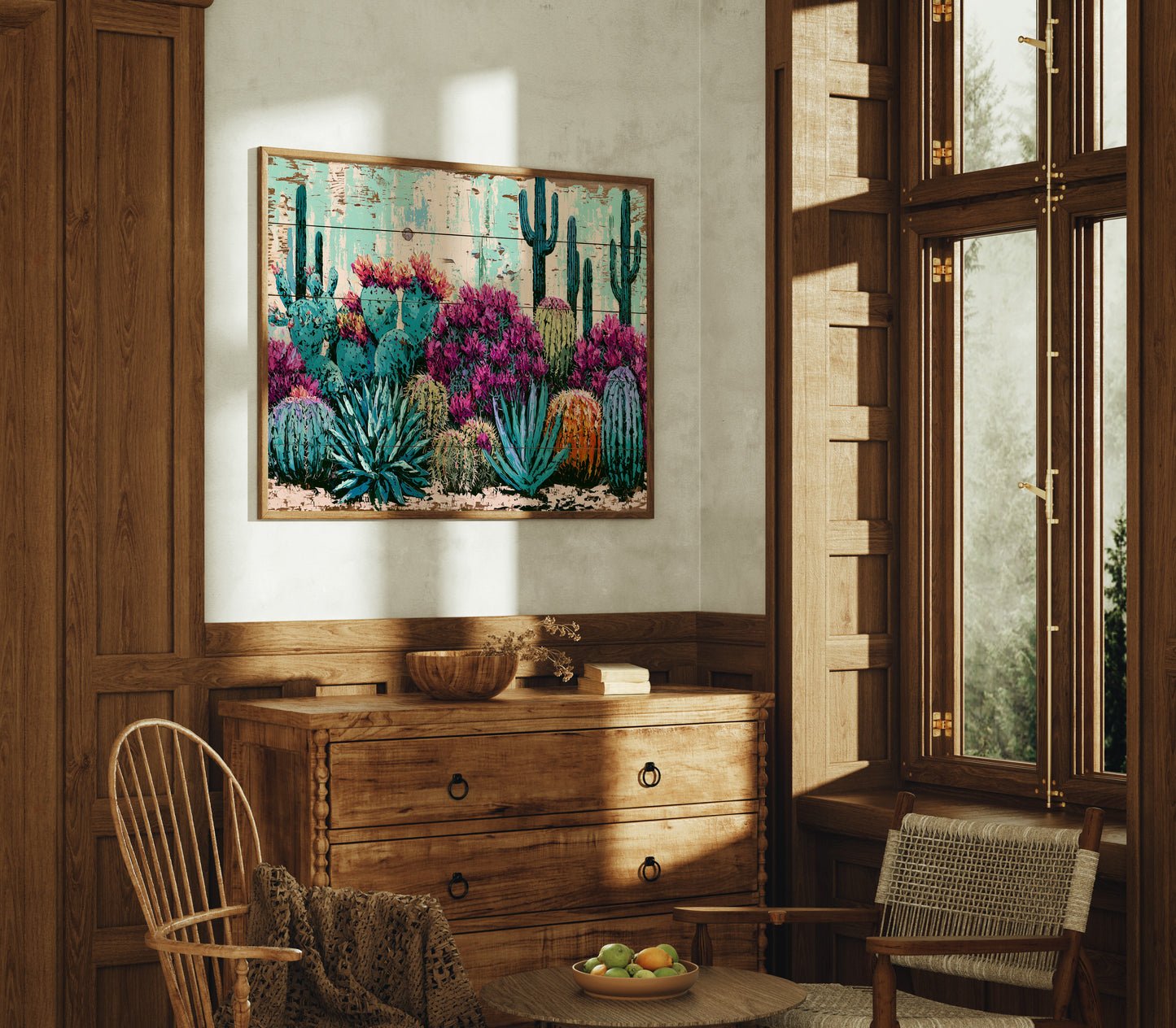 Turquoise Cactus and Fuchsia Blooms