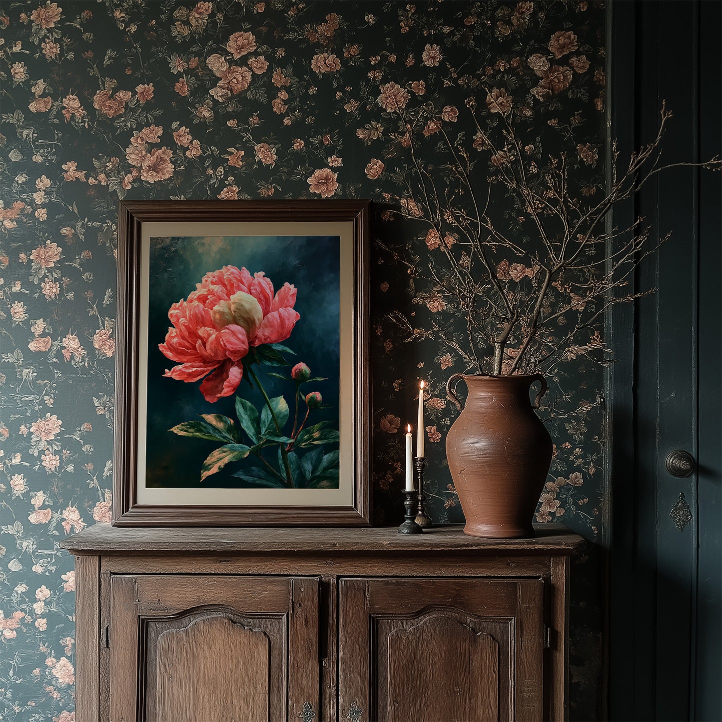 Coral Peony Against Midnight Blue