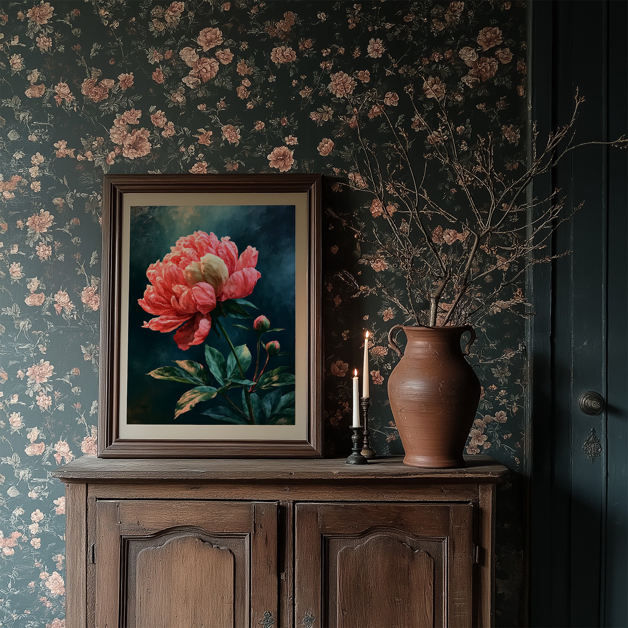 Coral Peony Against Midnight Blue