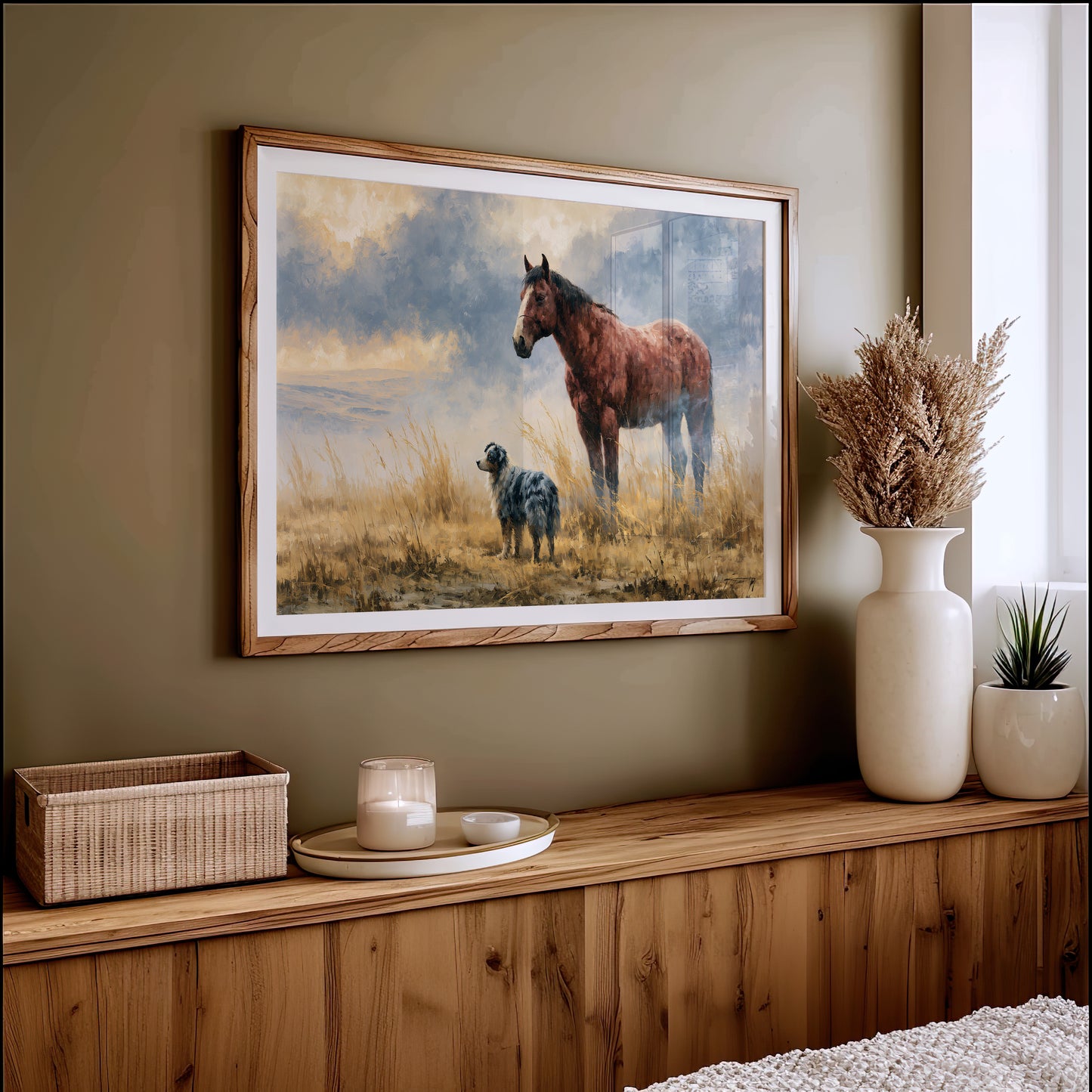 Bay Horse and Aussie Shepherd