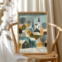 Snowy Village in Mustard & Teal