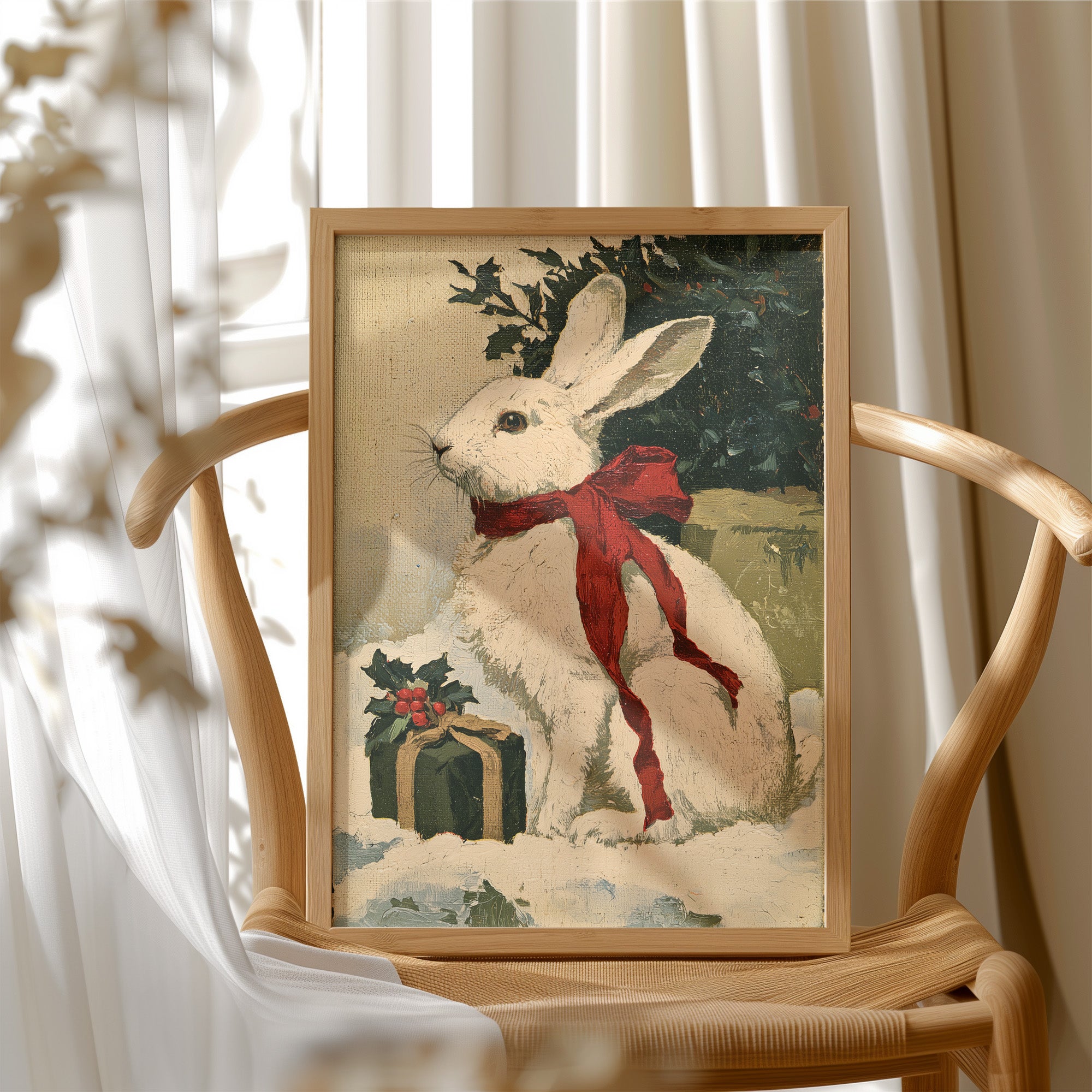 Oil-Painted Bunny with Red Ribbon
