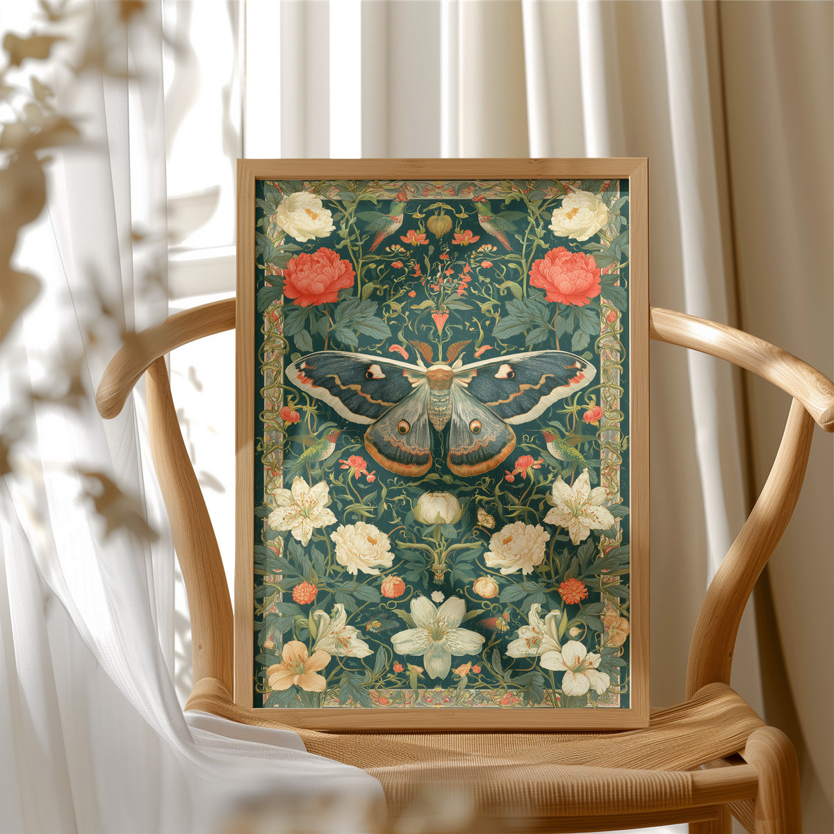 Emperor Moth Presides Over the Peonies