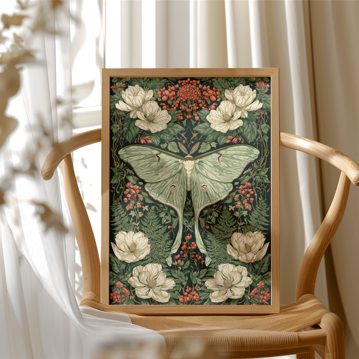 Luna Moth Rests Among Magnolias and Berries