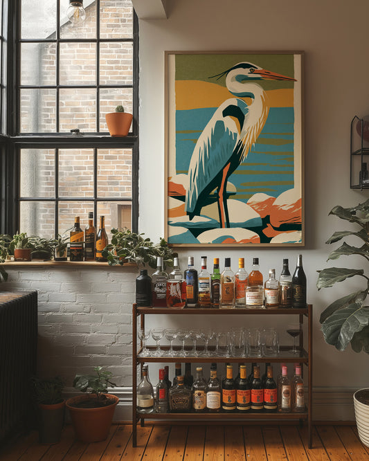 Great Blue Heron in Retro Print