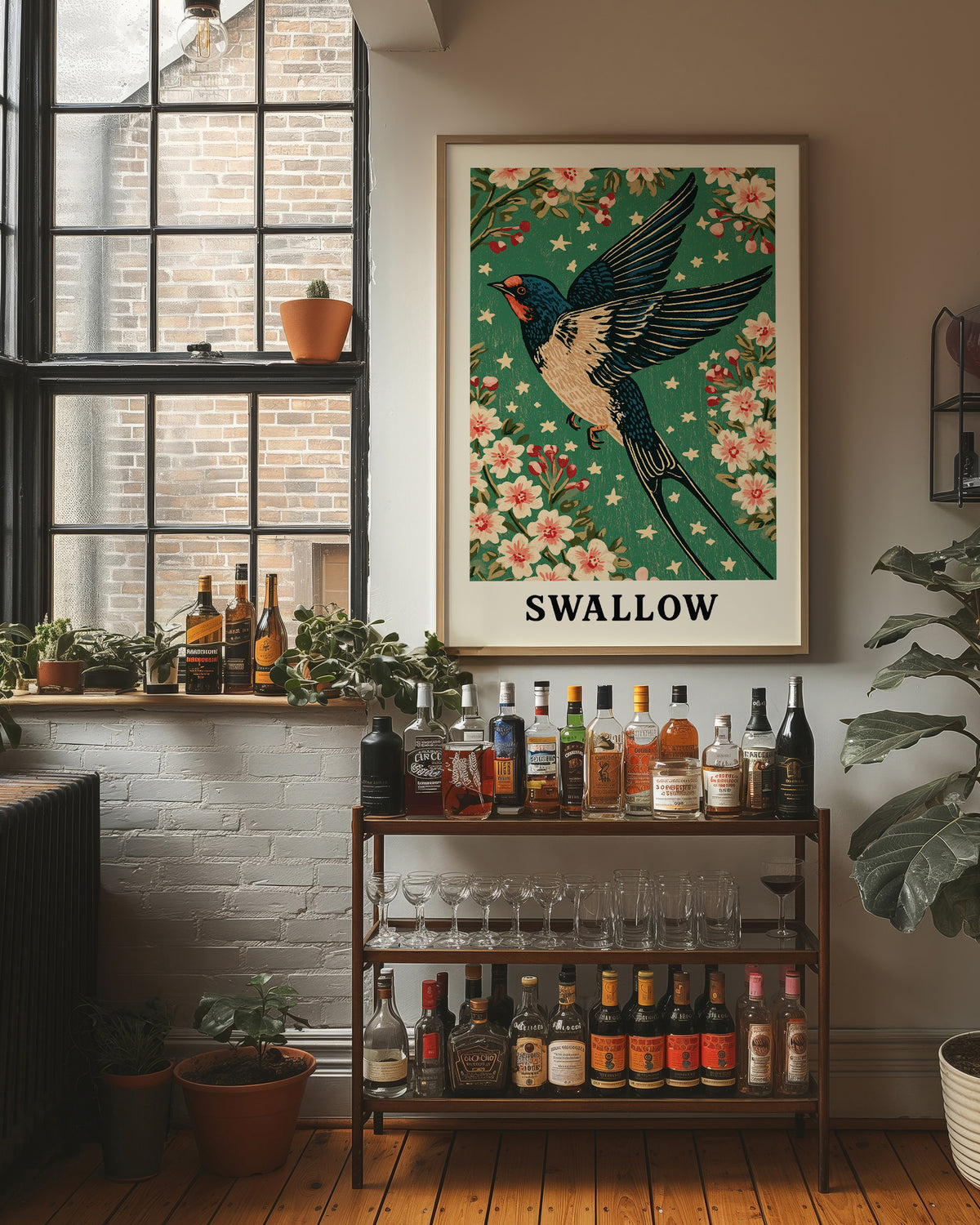 Swallow in a Starlit Blossom Sky