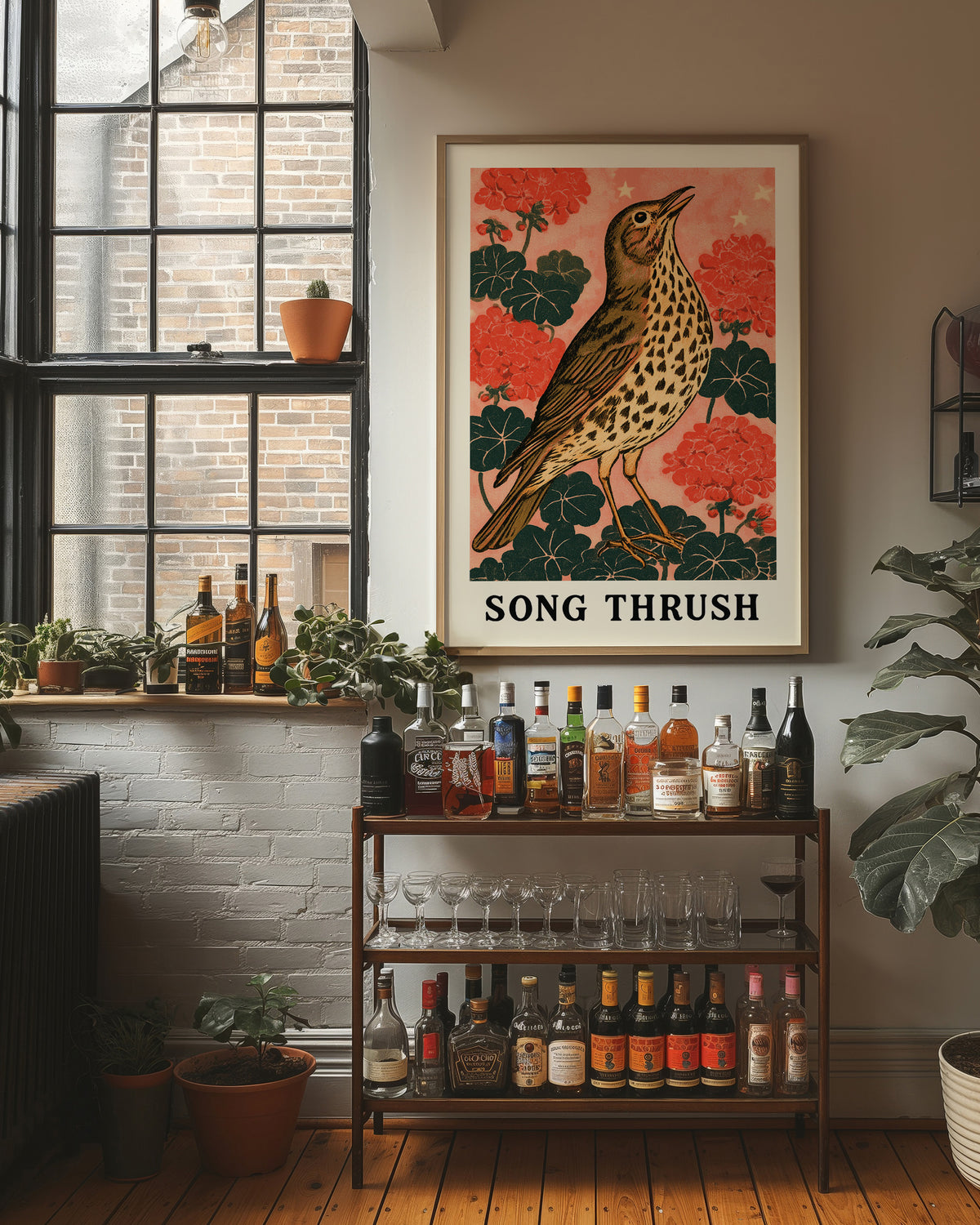 Song Thrush Among Geraniums
