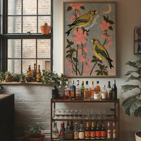 Greenfinches Beneath a Crescent Moon